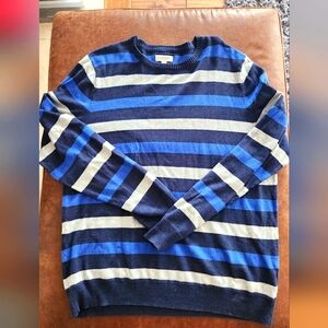 Sonoma Blue and Gray Crewneck Sweater with Striped Design